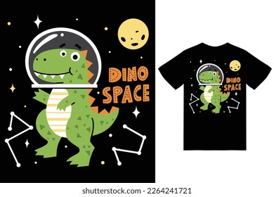 Cute dinosaur in space illustration with tshirt design premium vector the Concept of Isolated Technology. Flat Cartoon Style Suitable for Landing Web Pages,T shirt, Flyers, Stickers