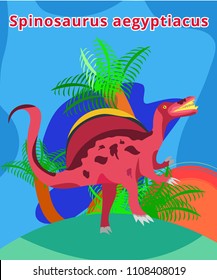 Cute dinosaur spinosaurus.Flat cartoons illustration. Spinosaurus in wild life.Red angry dinosaur in jungle with palm. Predatory dinosaur of Jurassic period. Extinct animal.T-rex. Paleontology concept