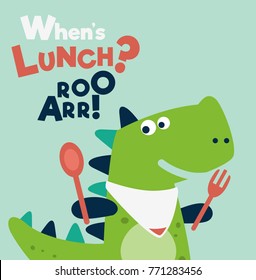 Cute dinosaur with spoon and fork