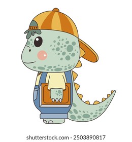 Cute dinosaur standing and holding a book. Side view. Character, flat style, children's illustration on a white background