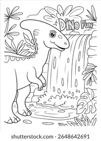 a cute dinosaur stands by a waterfall with dino fun text in a coloring page. the scene includes jungle plants and rocks. perfect for kids