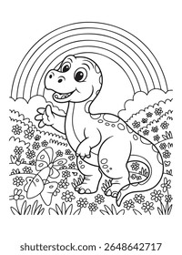 A cute dinosaur stands in a flower field under a rainbow with a butterfly. This is a black and white line art illustration for coloring.