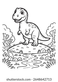 a cute dinosaur stands near a stream and trees. This is a black and white coloring page for children. It is a simple cartoon drawing.