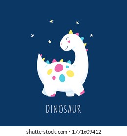 Cute dinosaur, starry sky, space adventure. Cartoon character. Vector illustration for children.