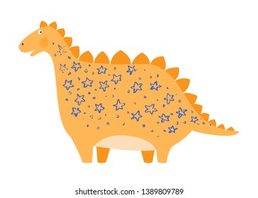 Cute dinosaur with stars pattern. Funny animal. Vector background. Isolated hand drawn illustration. Character for kids. Pencil texture.