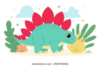 Cute dinosaur stegosaurus flat illustration of a cheerful up historical character.