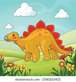 Cute dinosaur Stegosaurus in the meadow with flowers