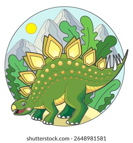 Cute dinosaur stegosaurus on the background of the landscape. Composition in a circle. Isolated on a white background. For children's design of prints, posters, postcards, stickers, etc. Vector