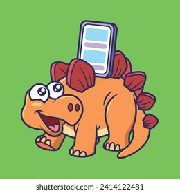 Cute dinosaur stegosaurus wit a phone cartoon character vector Illustration