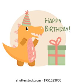 Cute dinosaur in style cartoon, happy birthday. Vector flat illustration.