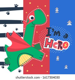 Cute dinosaur in superhero costume flying in sky vector illustration.