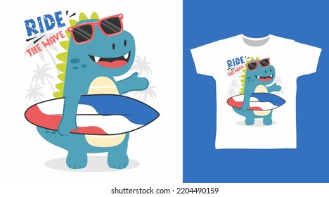 Cute dinosaur with surfboard cartoon tshirt art design