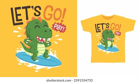 Cute dinosaur with surfboard hand drawn, ready for print on t shirt and other uses.