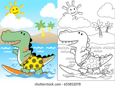 Cute dinosaur surfing in the beach at summer holiday, coloring book or page, vector cartoon