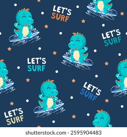 Cute dinosaur surfing hand drawn pattern designs for print on fabric and other uses