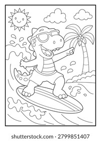 Cute Dinosaur Surfing Ocean