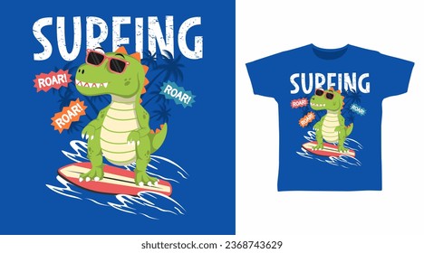 Cute dinosaur surfing tshirt art fashion design.