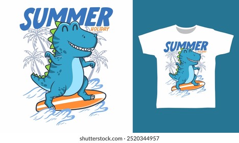 Diseños lindos de la camiseta de la Ilustración vectorial del surf del dinosaurio.