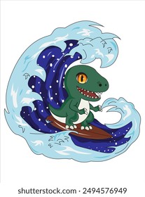 Cute dinosaur surfing in waves vector