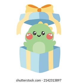 Cute dinosaur surprise in gift box cartoon.Image for sticker,card,party.Kid graphic design.Kawaii.Vector.Illustration.