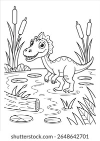 a cute dinosaur in a swamp coloring page with reeds and lily pads, perfect for kids to color and learn about prehistoric animals and nature scenes
