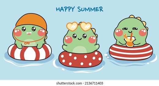 Cute dinosaur with swimming ring in the sea.Happy summer.Trip and relax.Play time.Animals character design.Kawaii.Vector.Illustration.