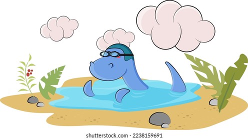 A cute dinosaur swims in a fabulous lake among palm trees