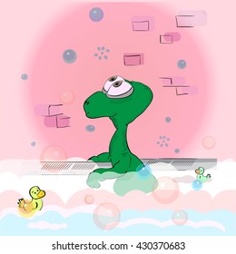 Cute dinosaur takes a bath with swimming yellow duck, cartoon vector illustration