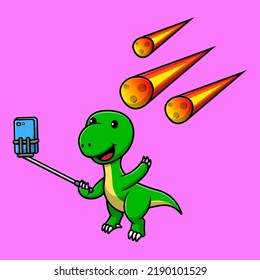 Cute Dinosaur Taking Selfie Phone Camera With Meteorite Cartoon Vector Icon Illustration. Animal Technology Flat Cartoon Concept