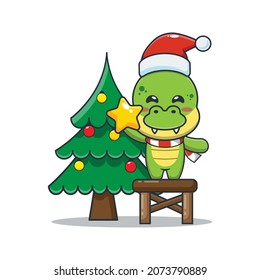 Cute dinosaur taking star from christmas tree. Cute christmas cartoon illustration.