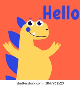 Cute dinosaur talking say hello, Jurassic dino for kids, baby, children's fashion, lizard, extinction, vector illustration