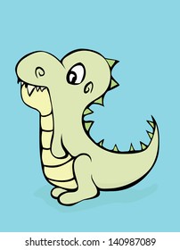 A cute dinosaur with teeth showing on a blue background.