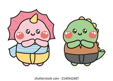Cute dinosaur in thai costume.Songkran festival concept.Asian culture.Animal character design.Kawaii.Vector.Illustration.