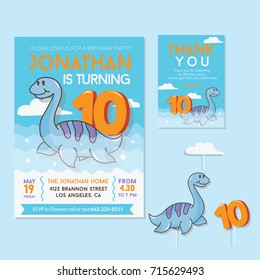 Cute Dinosaur Theme 10th Birthday Party Invitation And Thank You Card For Children