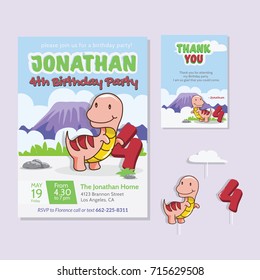 Cute Dinosaur Theme 4th Birthday Party Invitation And Thank You Card For Children