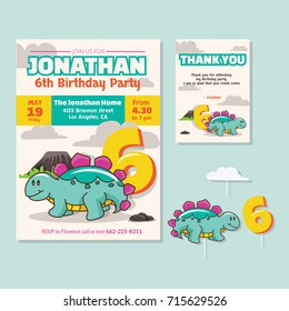 Cute Dinosaur Theme 6th Birthday Party Invitation And Thank You Card For Children