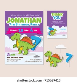 Cute Dinosaur Theme 7th Birthday Party Invitation And Thank You Card For Children