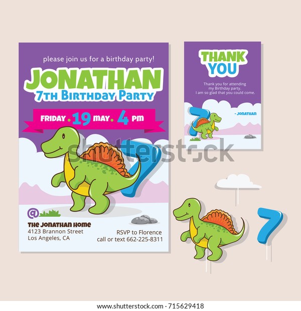 Cute Dinosaur Theme 7th Birthday Party Stock Vector (Royalty Free ...