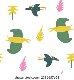 Cute dinosaur theme seamless pattern. Funny hand drawn doodle repeatable pattern with plants, flying dinos, pterodactyl. Jurassic period, era background with extinct animals