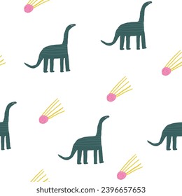 Cute dinosaur theme seamless pattern. Funny hand drawn doodle repeatable pattern with diplodocus dino, comet, meteorite. Jurassic period, era background with extinct animals