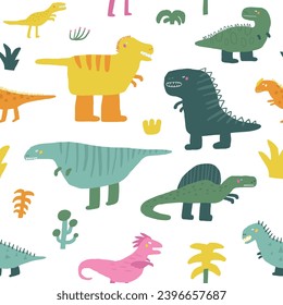 Cute dinosaur theme seamless pattern. Funny hand drawn doodle repeatable pattern with t rex, dinos. Jurassic period, era background with extinct animals