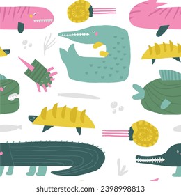 Cute dinosaur theme seamless pattern. Funny hand drawn doodle repeatable pattern with sea dinos, turtle, crocodile, nautilus shell, mosasaurs, fish. Jurassic period, era background with extinct animal