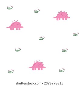 Cute dinosaur theme seamless pattern. Funny hand drawn doodle repeatable pattern with forest, plants, dino, stegosaurus Jurassic period, era background with extinct animals