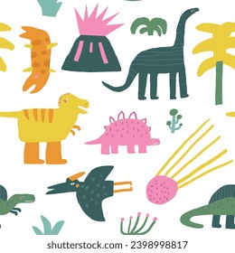 Cute dinosaur theme seamless pattern. Funny hand drawn doodle repeatable pattern with volcano, dinos, trees, meteorite, diplodocus, stegosaurus, pterodactyl, plants. Jurassic period, era background wi