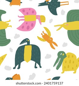 Cute dinosaur theme seamless pattern. Funny hand drawn doodle repeatable pattern with flying dinos, pterodactyl. Jurassic period, era background with extinct animals