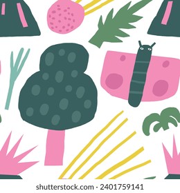 Cute dinosaur theme seamless pattern. Funny hand drawn doodle repeatable pattern with plants, trees, comet, butterfly, volcano. Jurassic period, era background with extinct animals