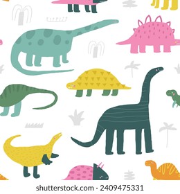 El tema de los dinosaurios es un patrón impecable. Gracioso patrón repetible de doodle dibujado a mano con diplodocumentos, dinos. Periodo Jurásico, fondo de época con animales extintos