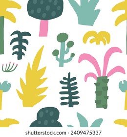 Cute dinosaur theme seamless pattern. Funny hand drawn doodle repeatable pattern with forest, fur tree, pine, palm, leaves. Jurassic period, era background with extinct animals