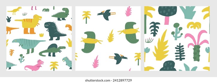 Cute dinosaur theme seamless patterns set. Funny hand drawn doodle repeatable pattern with volcano, dinos, trees, meteorite, diplodocus, stegosaurus, pterodactyl, plants. Jurassic period, era backgrou