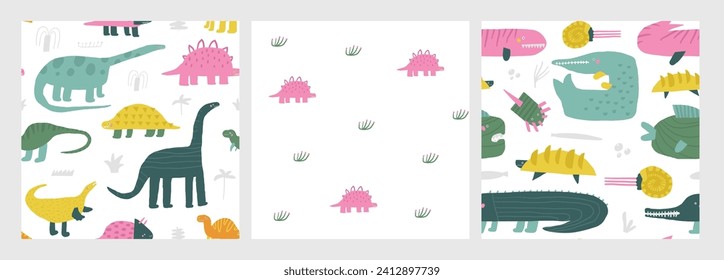 Cute dinosaur theme seamless patterns set. Funny hand drawn doodle repeatable pattern with volcano, dinos, trees, meteorite, diplodocus, stegosaurus, pterodactyl, plants. Jurassic period, era backgrou